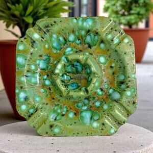 Vintage Mid-Century MCM Gilner Pottery Medium Ashtray Mottled Green Glaze